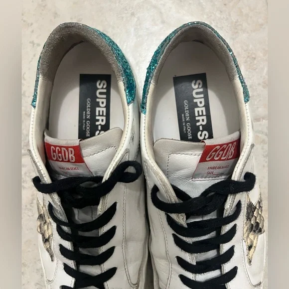 Golden Goose Super-Star Python Sneakers Blue Glitter Heel - Size 38 - Picture 12 of 14